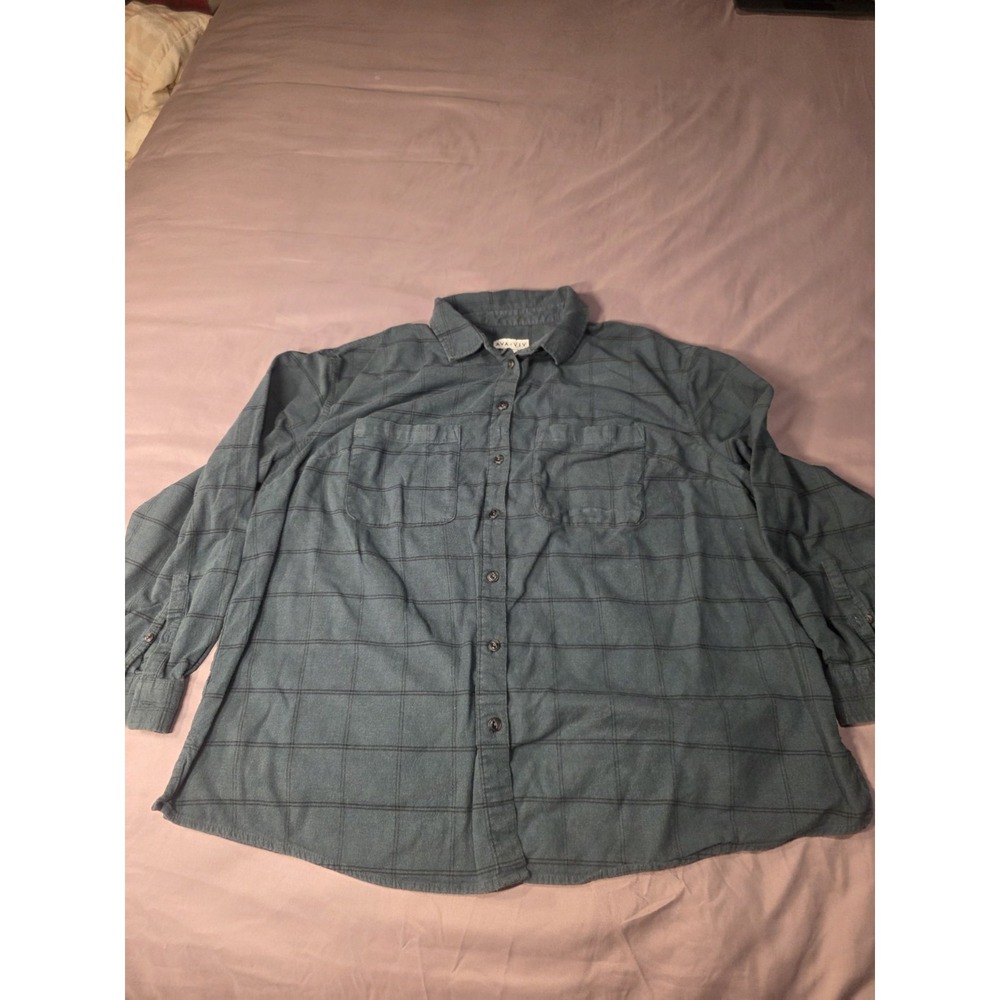 Ava & Viv Womens Shirt Button Up Teal Blue Plaid Flannel Long Sleeve Plus X